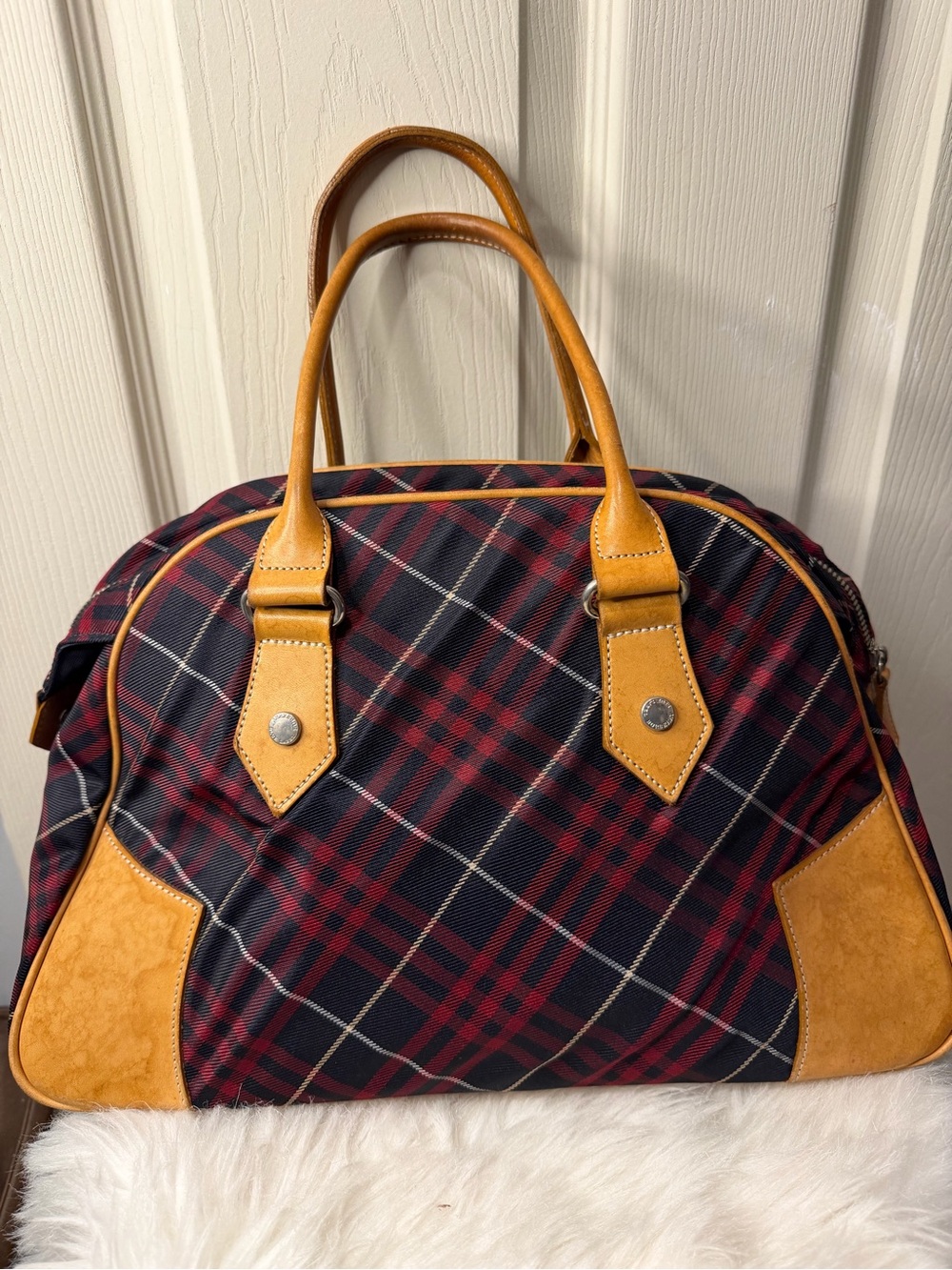 Burberry Navy and Burgundy Plaid Satchel with Tan Trim
